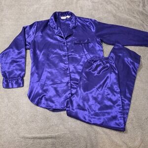 Vintage 90's Women's M Kathryn Purple Satin Pajama Lounging Set Covered Buttons